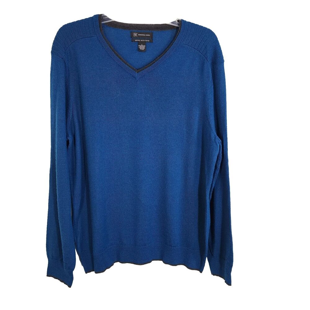 INC International Concepts Sweater Large Blue V Neck Pullover Merino Wool Blend